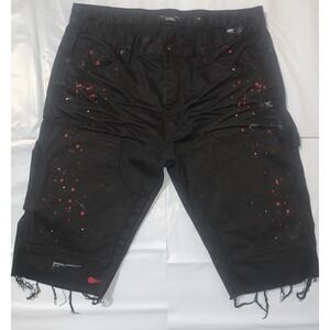 Decibel Shorts Men 36 Double Knee Paint Splatter Raw Hem Grunge Punk Denim Black